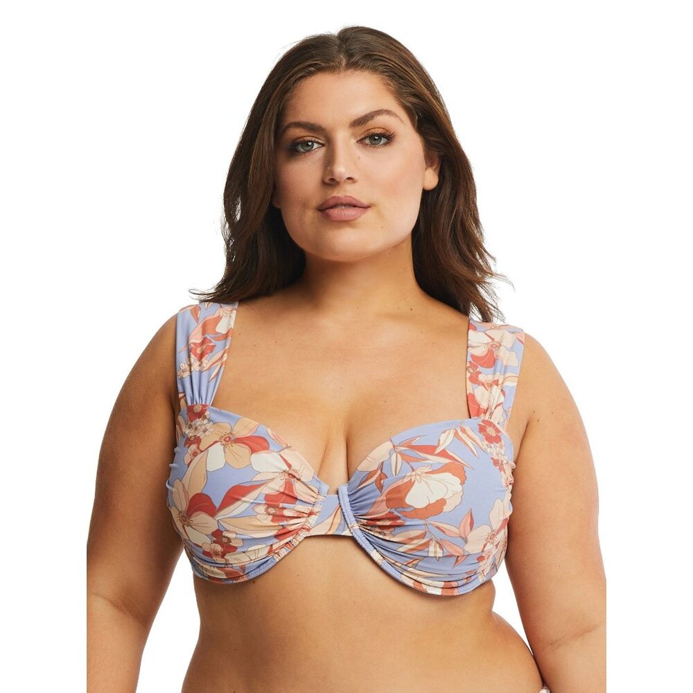 Time and Tru Womens 3XL Dusty Blue Printed Ruched Underwire Bikini Top NWOT